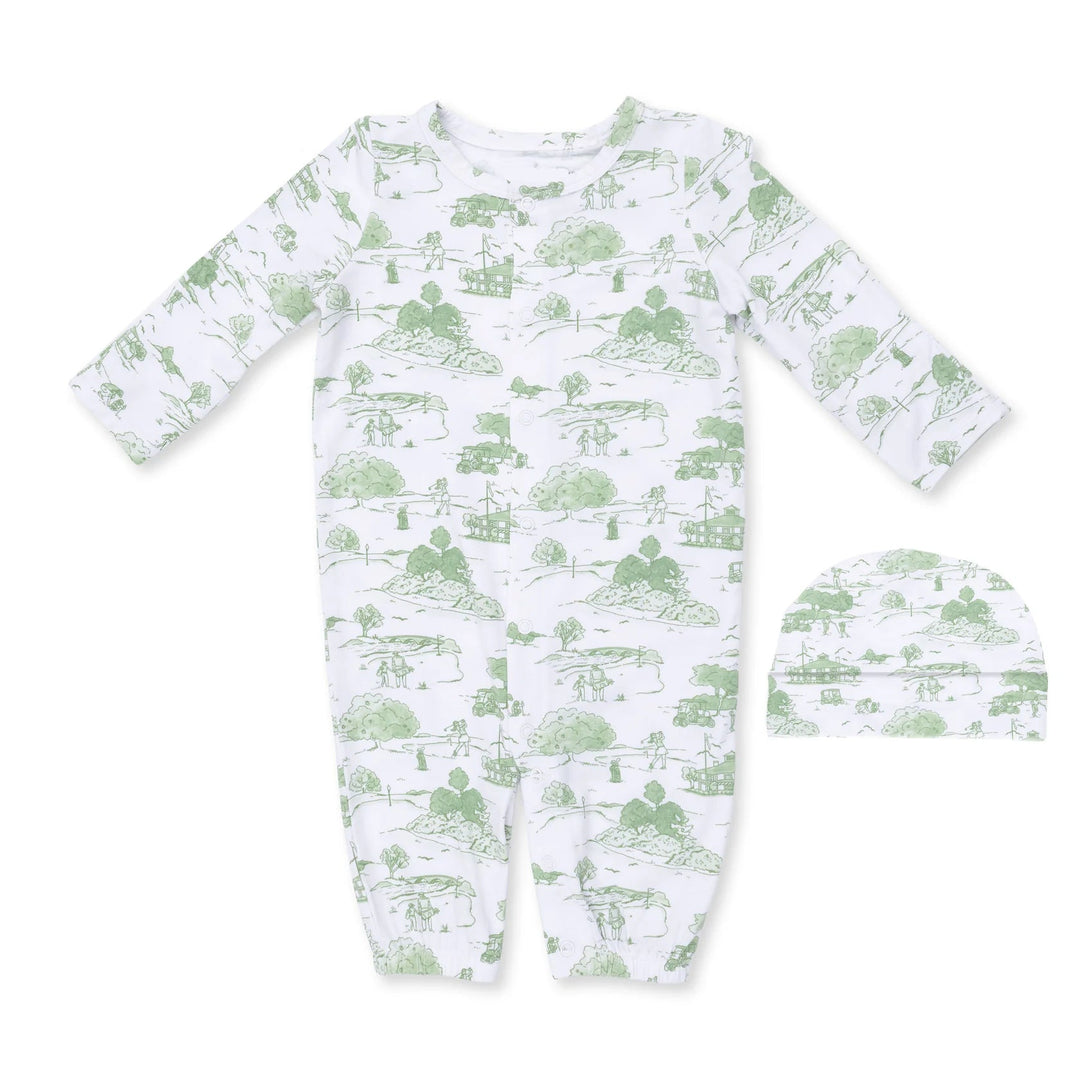 Angel Dear Golf Toile Green Convertible Gown and Beanie Hat front view of the baby gown highlighting the silhouette and golf toile green and design