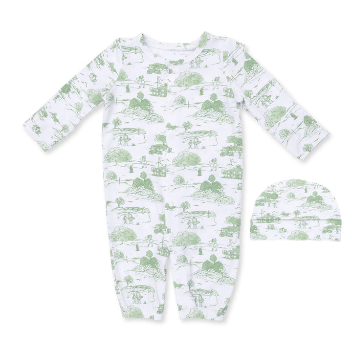 Angel Dear Golf Toile Green Convertible Gown and Beanie Hat front view of the baby gown highlighting the silhouette and golf toile green and design