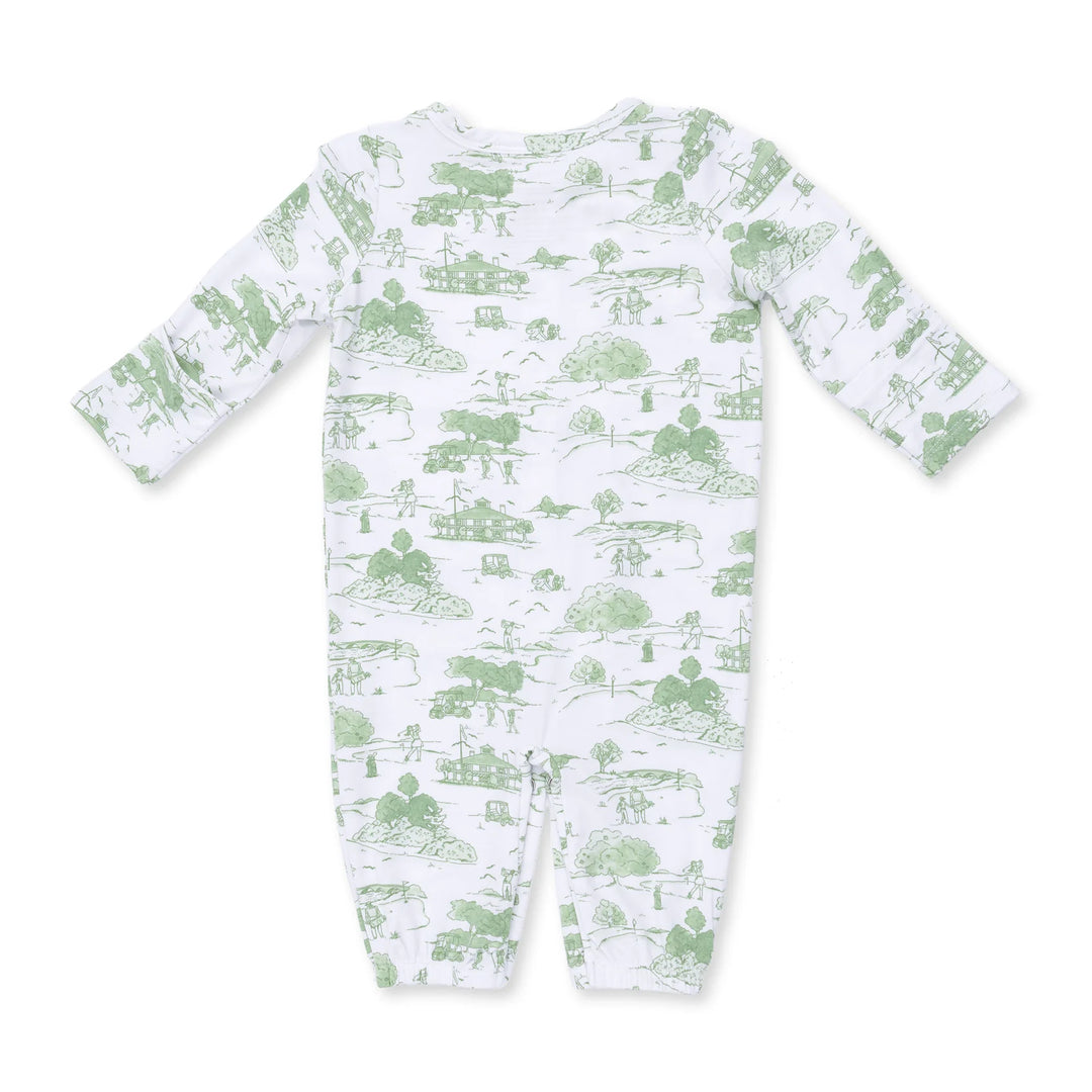 Angel Dear Golf Toile Green Convertible Gown and Beanie Hat close-up of the baby gown highlighting the print, closures, and finishing details