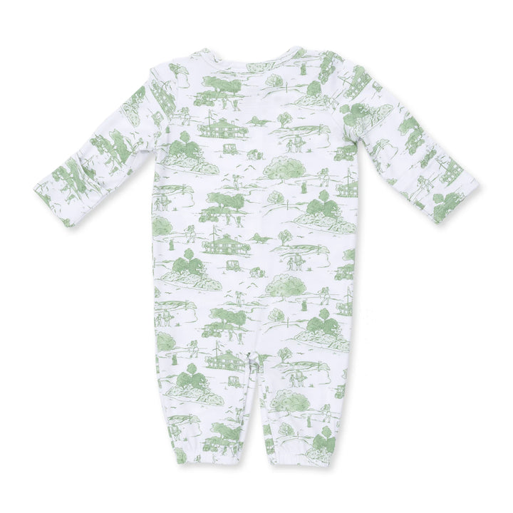 Angel Dear Golf Toile Green Convertible Gown and Beanie Hat close-up of the baby gown highlighting the print, closures, and finishing details