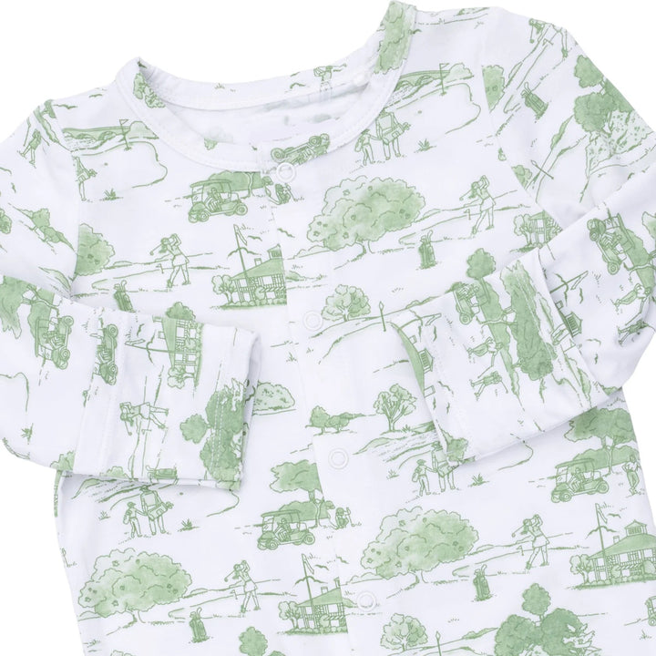 Angel Dear Golf Toile Green Convertible Gown and Beanie Hat additional styling view of the baby gown with the golf toile green and design