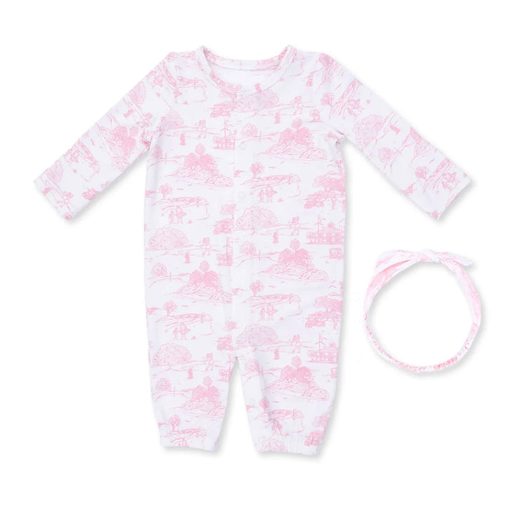 Angel Dear Golf Toile Pink Convertible Gown and Headband front view of the baby gown highlighting the silhouette and golf toile pink and design