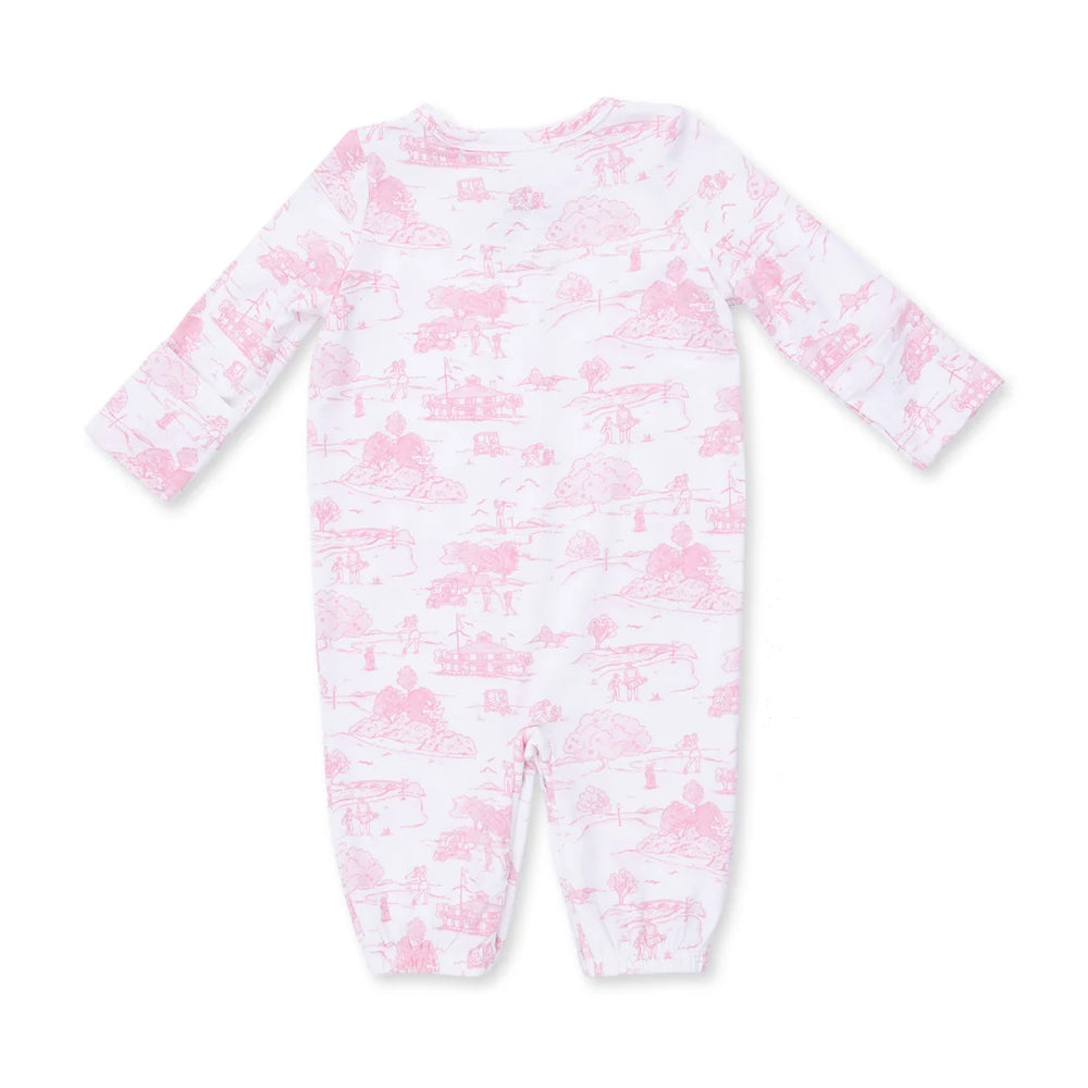 Angel Dear Golf Toile Pink Convertible Gown and Headband alternate view of the baby gown showing the golf toile pink and design and coordinating trim