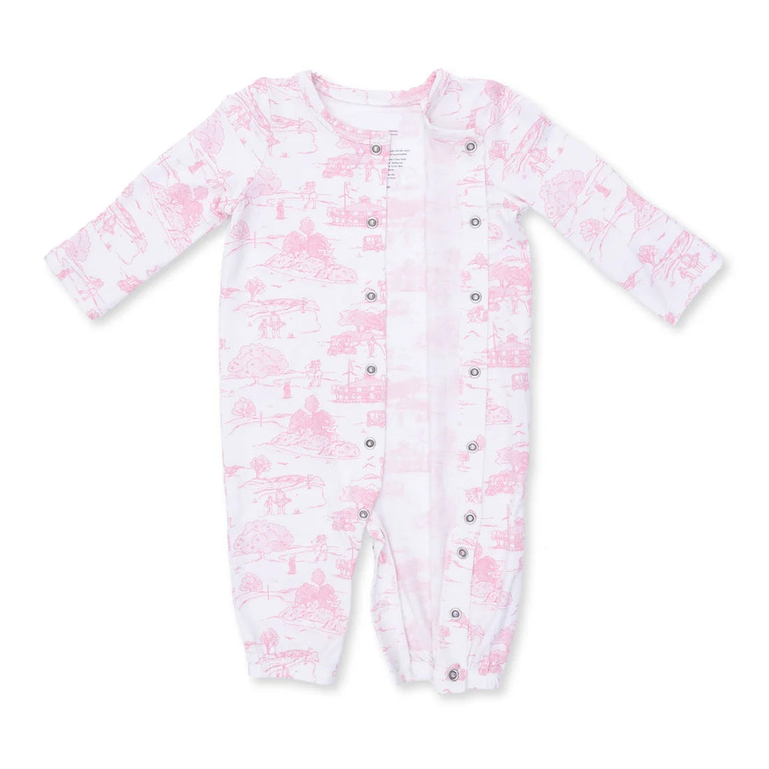 Angel Dear Golf Toile Pink Convertible Gown and Headband close-up of the baby gown highlighting the print, closures, and finishing details
