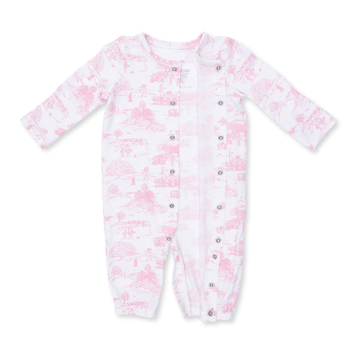 Angel Dear Golf Toile Pink Convertible Gown and Headband close-up of the baby gown highlighting the print, closures, and finishing details
