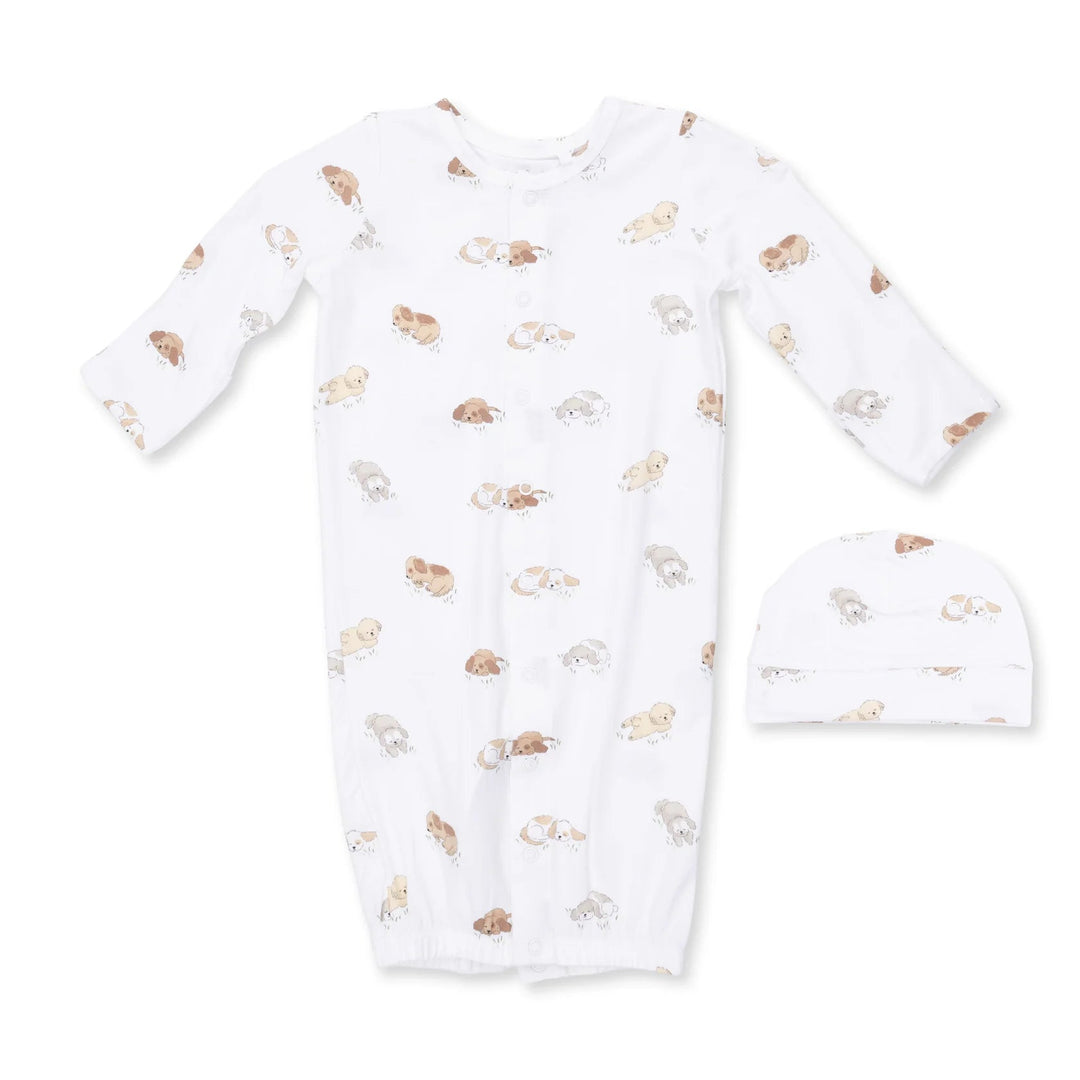 Angel Dear Puppy Snuggle Club Convertible Gown and Beanie Hat front view of the baby gown highlighting the silhouette and puppy snuggle club and design