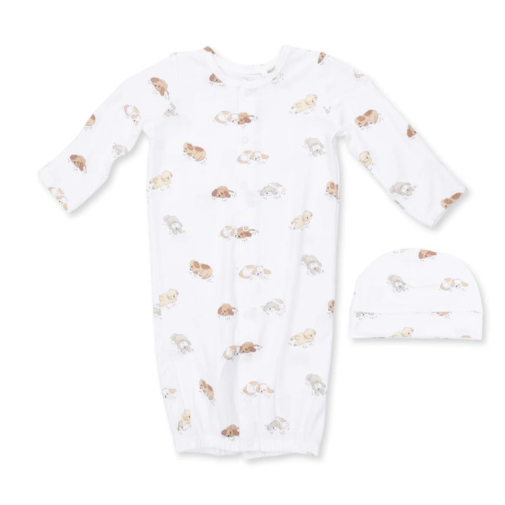 Angel Dear Puppy Snuggle Club Convertible Gown and Beanie Hat front view of the baby gown highlighting the silhouette and puppy snuggle club and design