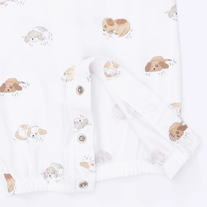 Angel Dear Puppy Snuggle Club Convertible Gown and Beanie Hat additional styling view of the baby gown with the puppy snuggle club and design