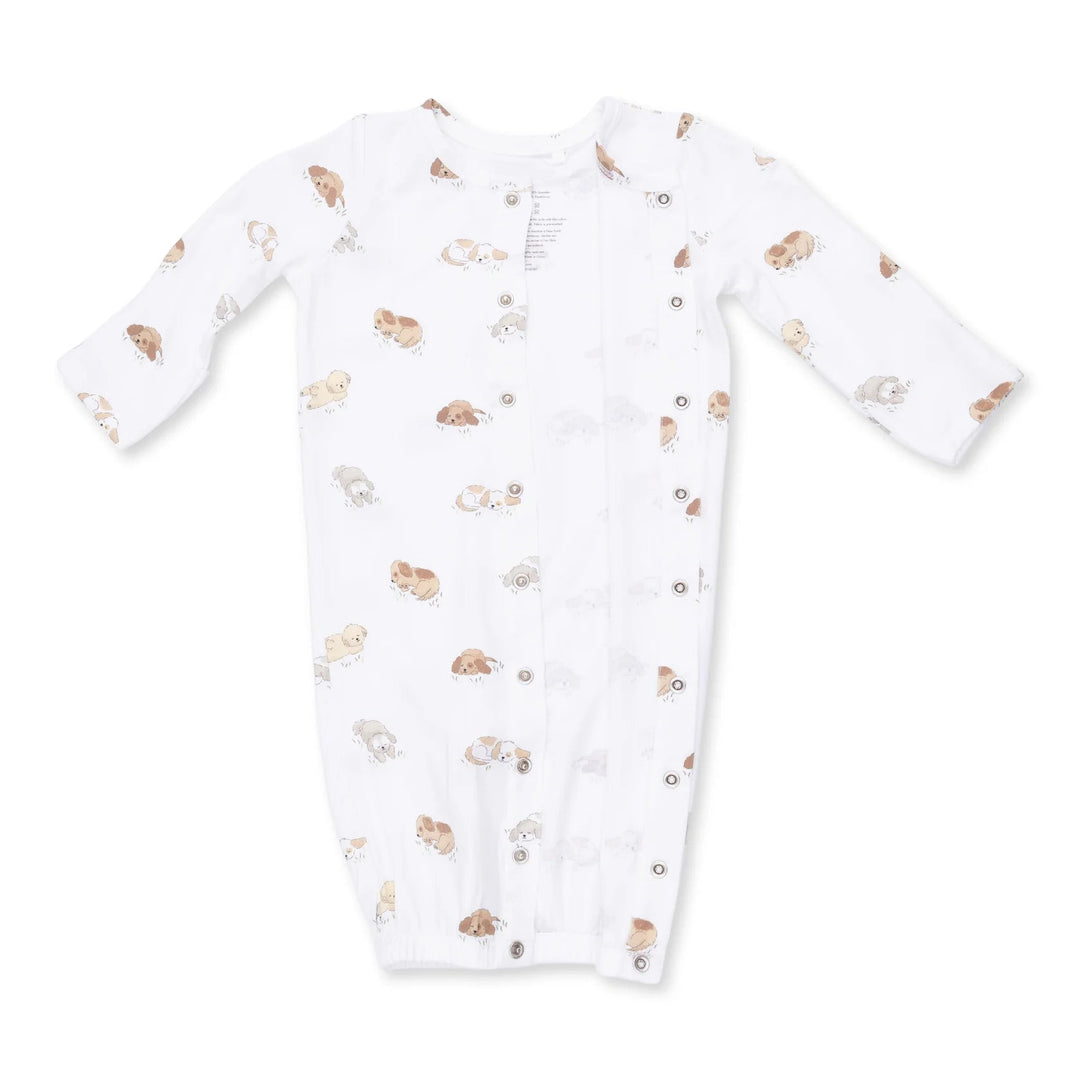 Angel Dear Puppy Snuggle Club Convertible Gown and Beanie Hat detail view highlighting the neckline, cuffs, and puppy snuggle club and design