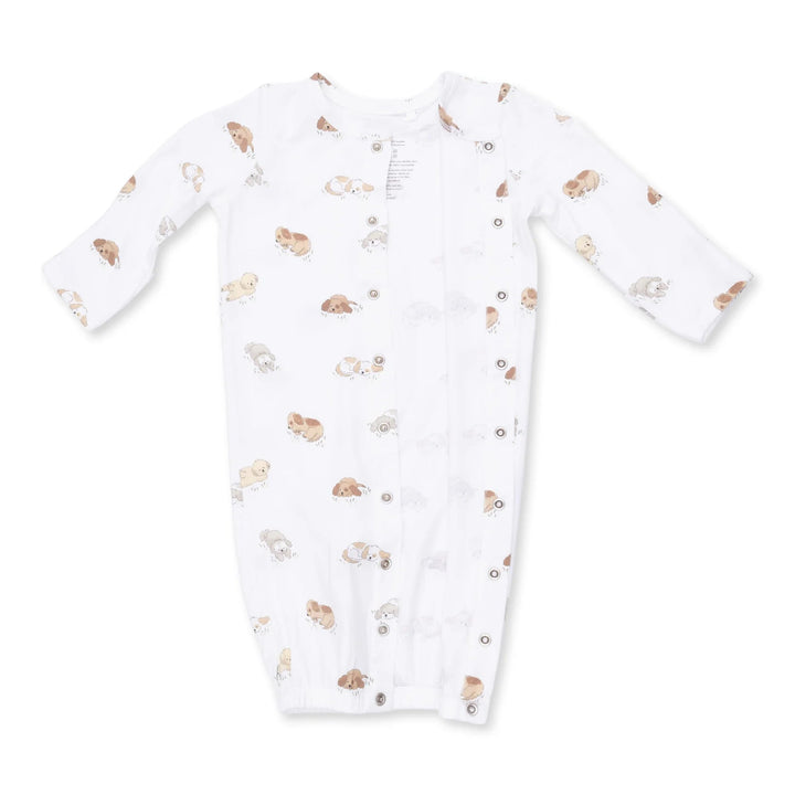 Angel Dear Puppy Snuggle Club Convertible Gown and Beanie Hat detail view highlighting the neckline, cuffs, and puppy snuggle club and design