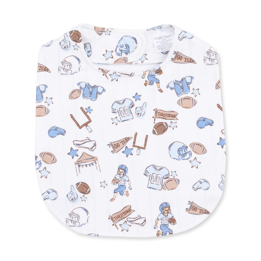 Angel Dear Football Nursery Feeding Bib front product view highlighting the football nursery design