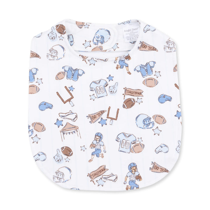 Angel Dear Football Nursery Feeding Bib front product view highlighting the football nursery design