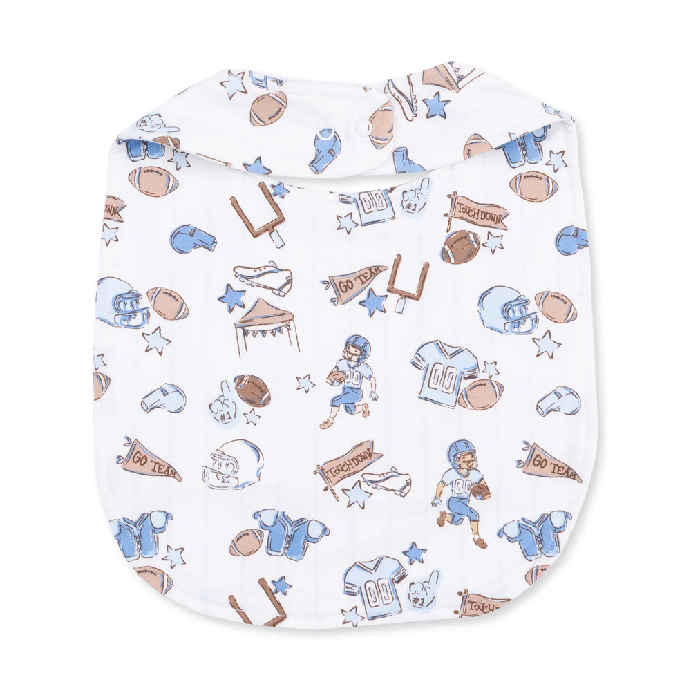 Angel Dear Football Nursery Feeding Bib alternate view showing the shape, trim, and football nursery design