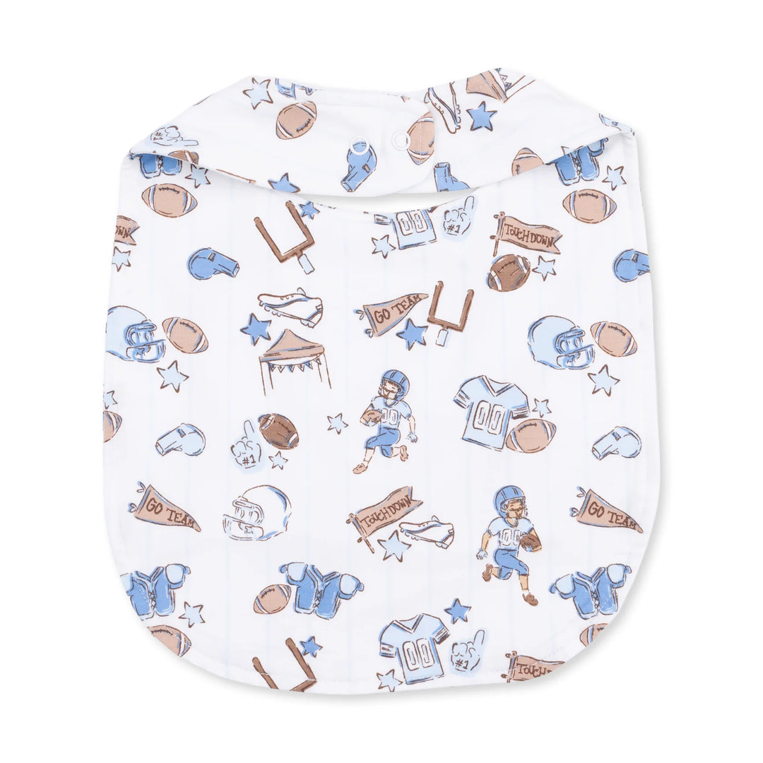 Angel Dear Football Nursery Feeding Bib alternate view showing the shape, trim, and football nursery design