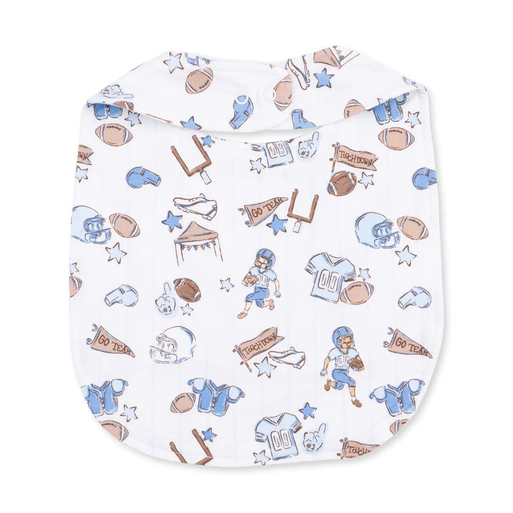 Angel Dear Football Nursery Feeding Bib alternate view showing the shape, trim, and football nursery design