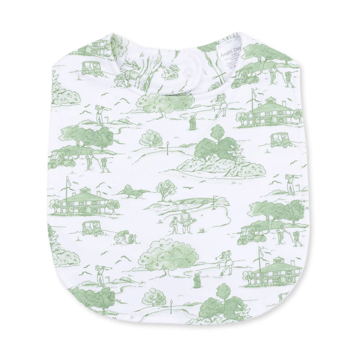 Angel Dear Golf Toile Green Feeding Bib front product view highlighting the golf toile green design