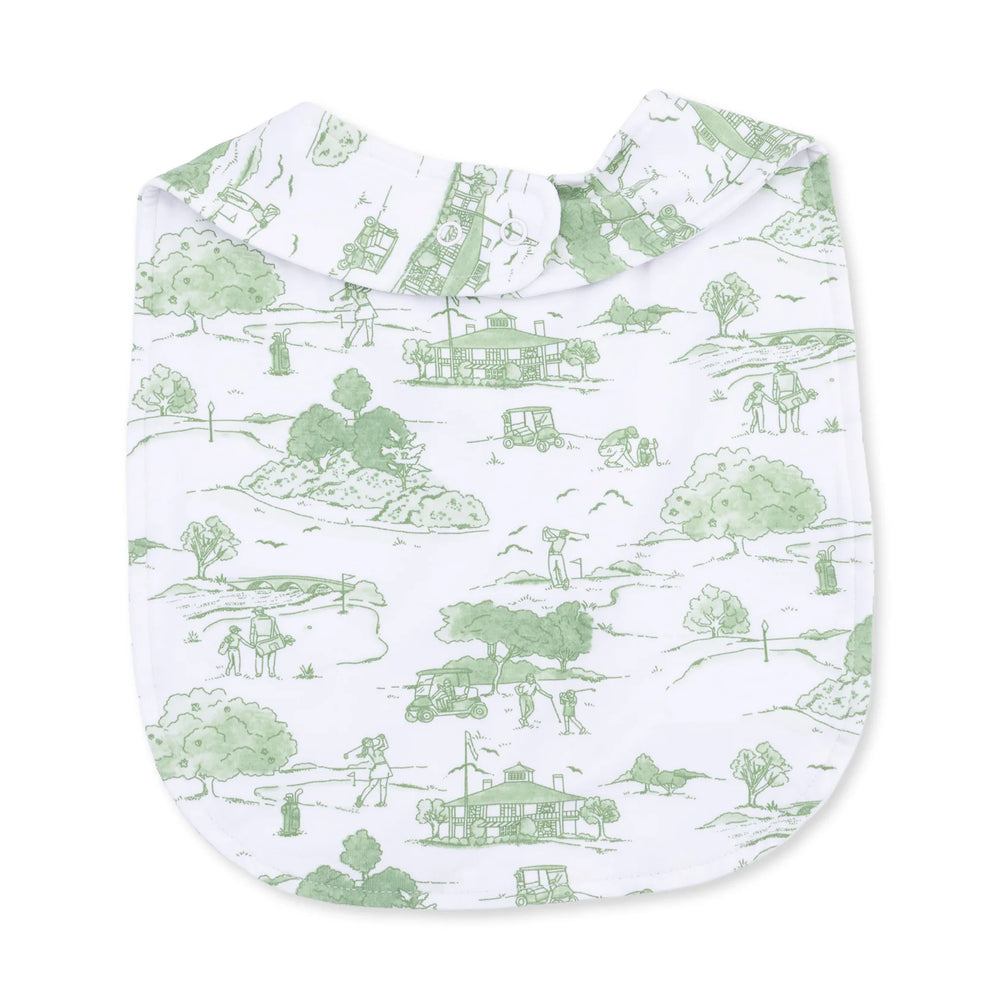 Angel Dear Golf Toile Green Feeding Bib alternate view showing the shape, trim, and golf toile green design