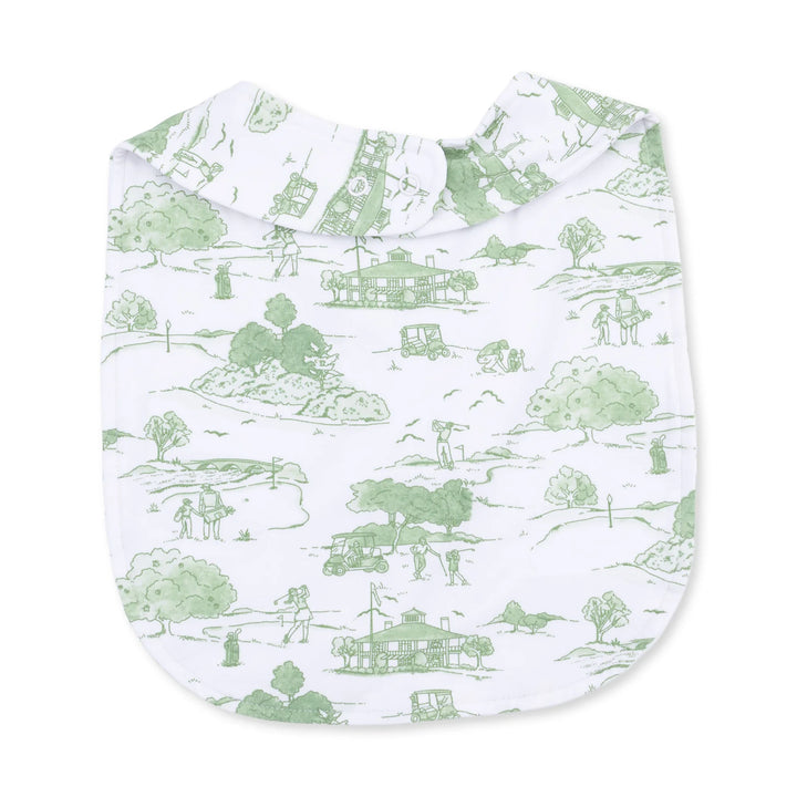 Angel Dear Golf Toile Green Feeding Bib alternate view showing the shape, trim, and golf toile green design