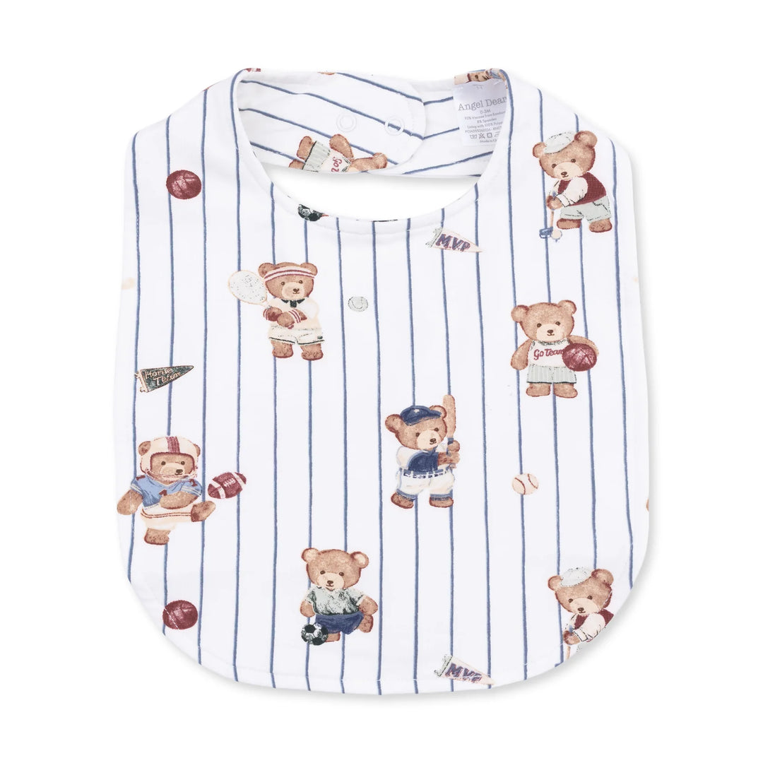 Angel Dear Mixed Sports Bears Feeding Bib front product view highlighting the mixed sports bears design