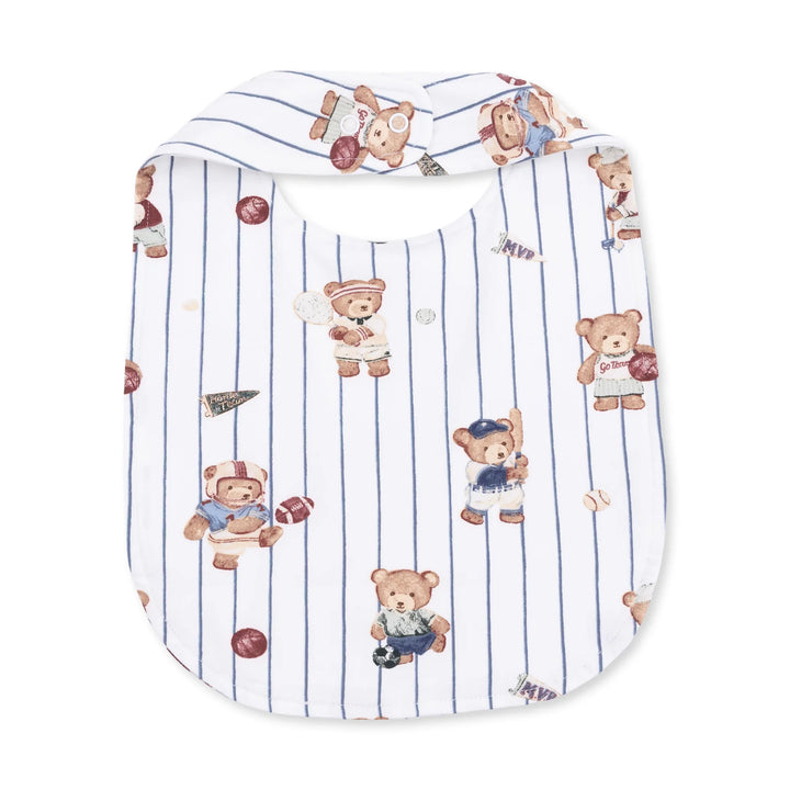 Angel Dear Mixed Sports Bears Feeding Bib alternate view showing the shape, trim, and mixed sports bears design
