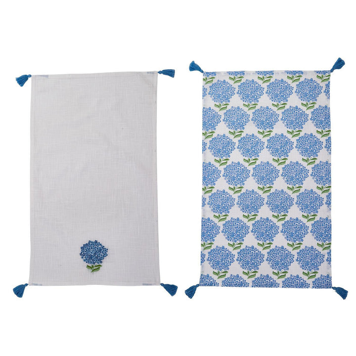 Two fabric items with blue flower patterns on a white background