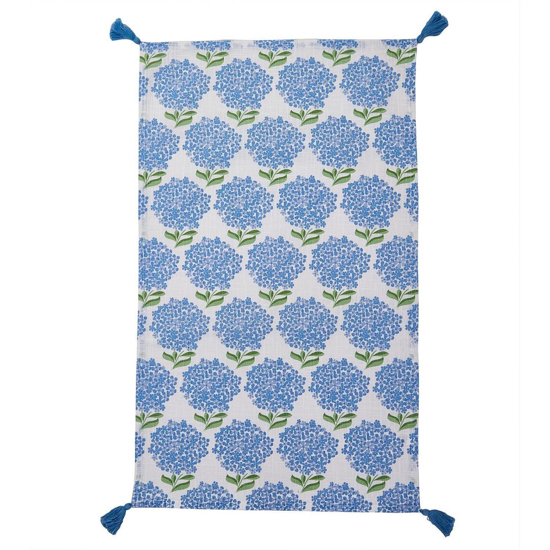 Fabric with blue hydrangea pattern on a white background