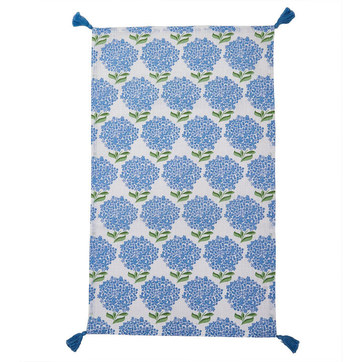 Fabric with blue hydrangea pattern on a white background
