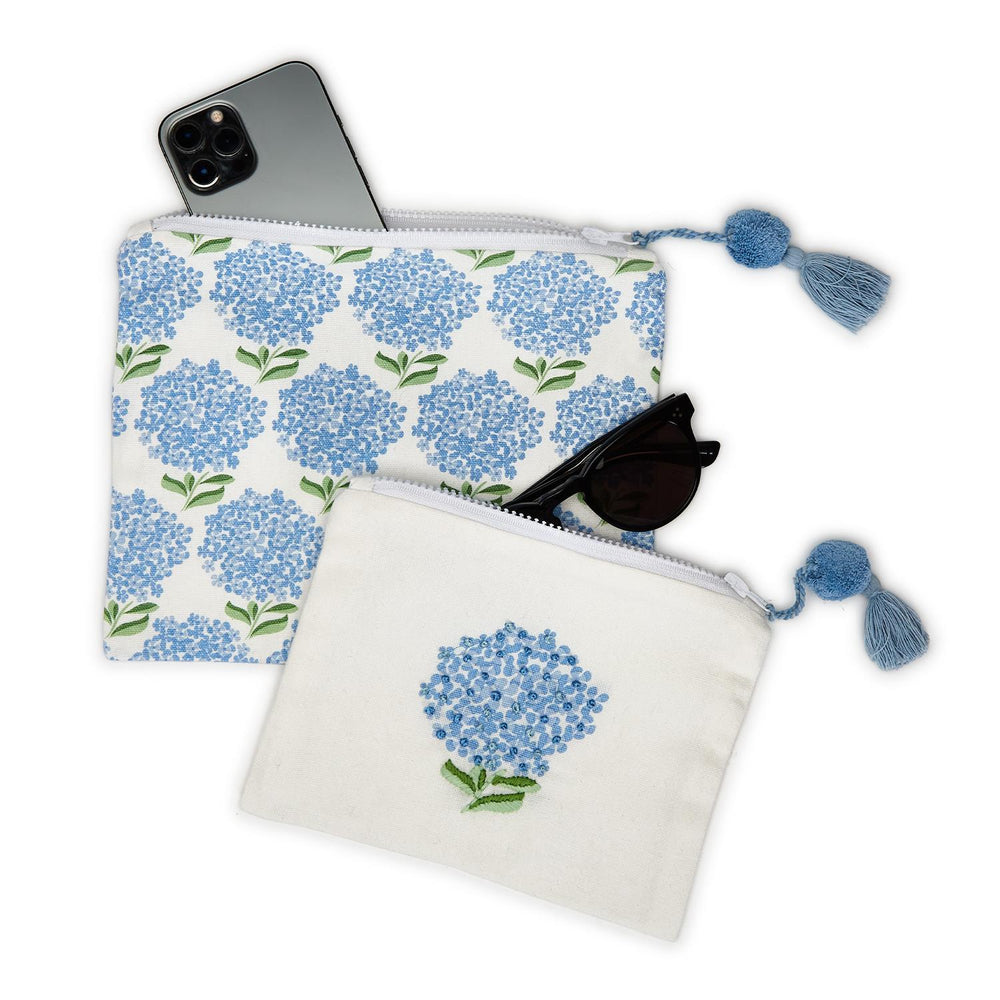 Two pouches with blue floral patterns on a white background