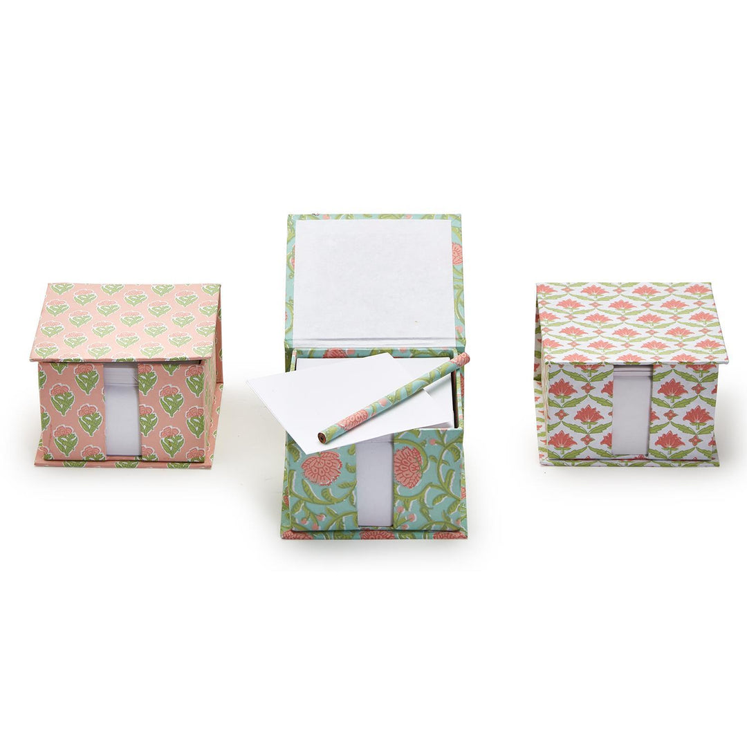 FLORAL BLOCK PRINT NOTE PAPER CADDY SET