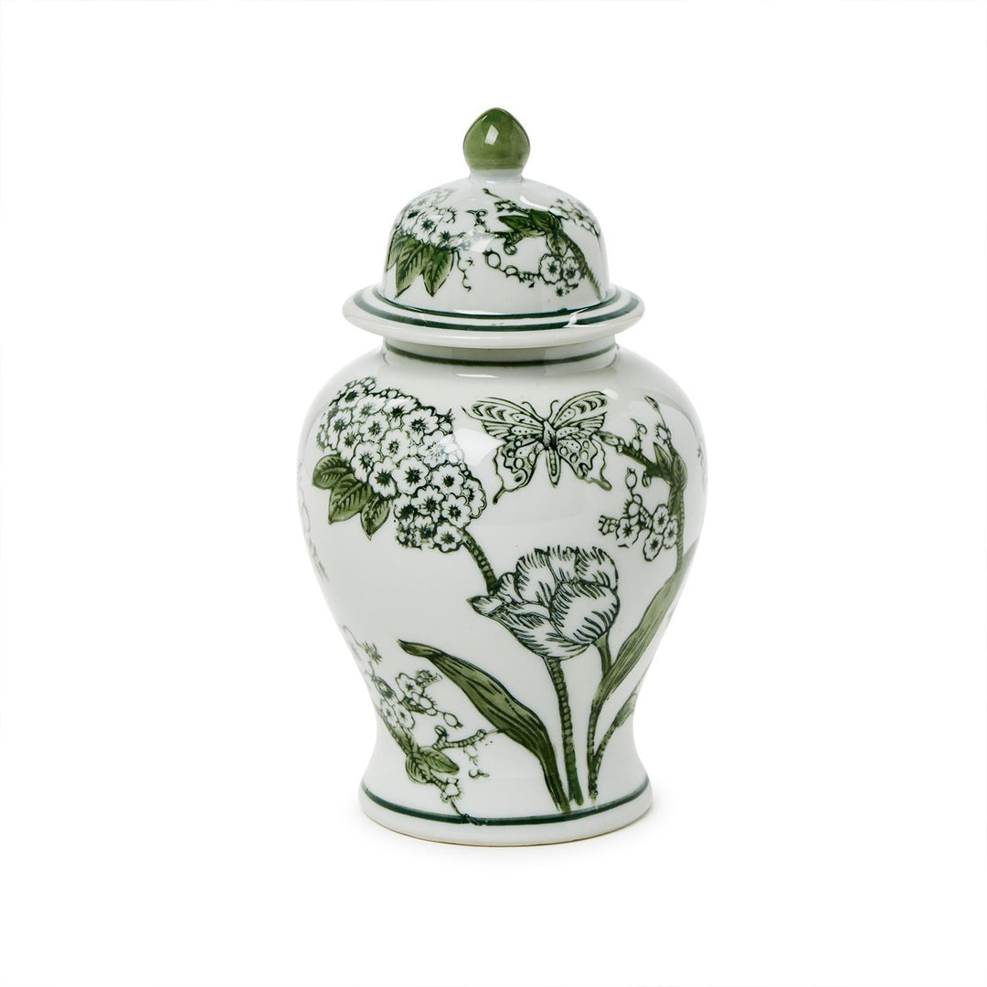 green and white ginger jar with butterflies