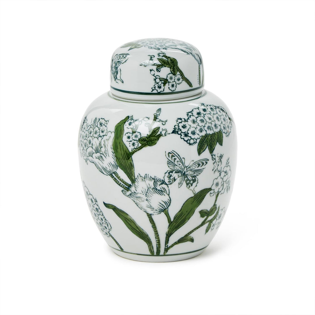 PRIMROSE & LOTUS GREEN & WHITE CHINOISERIE GINGER JAR WITH LID