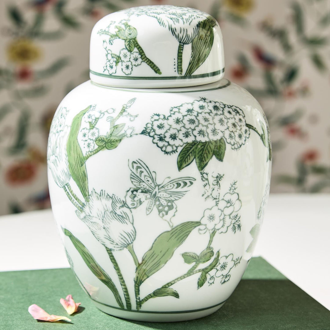 PRIMROSE & LOTUS GREEN & WHITE CHINOISERIE GINGER JAR WITH LID