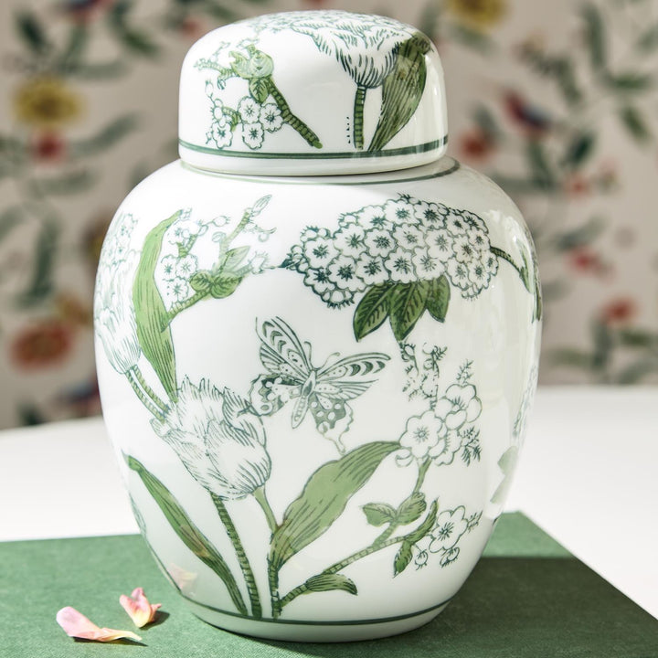 PRIMROSE & LOTUS GREEN & WHITE CHINOISERIE GINGER JAR WITH LID