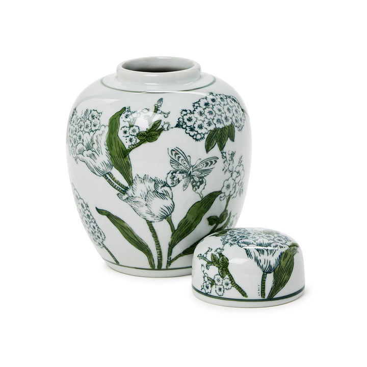 PRIMROSE & LOTUS GREEN & WHITE CHINOISERIE GINGER JAR WITH LID