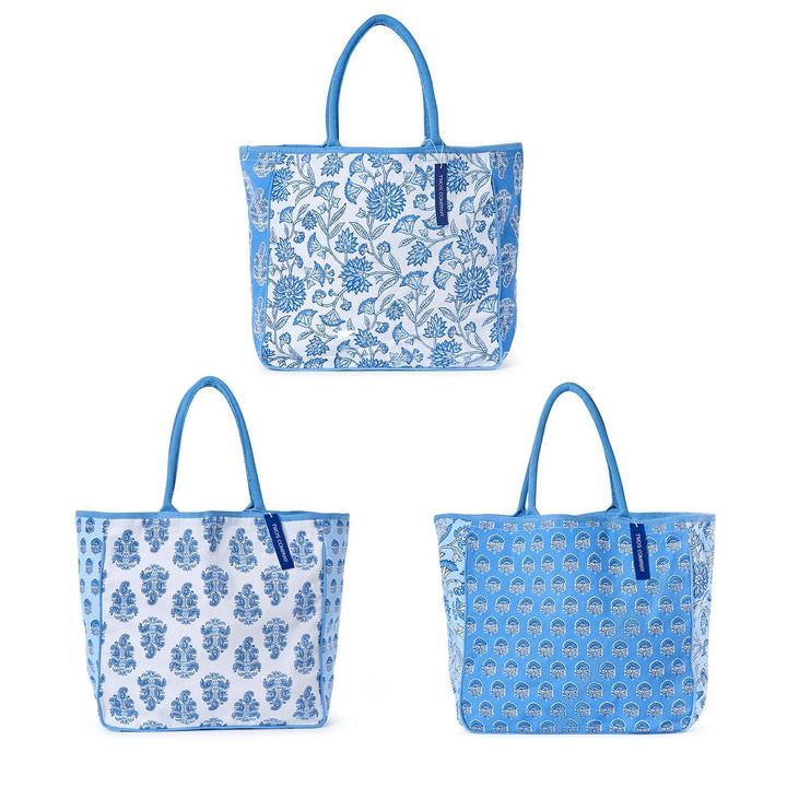 BLUE BLOCK PRINT PATTERNED TOTE BAG