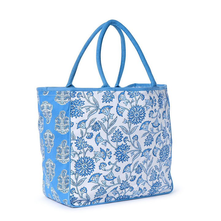 BLUE BLOCK PRINT PATTERNED TOTE BAG