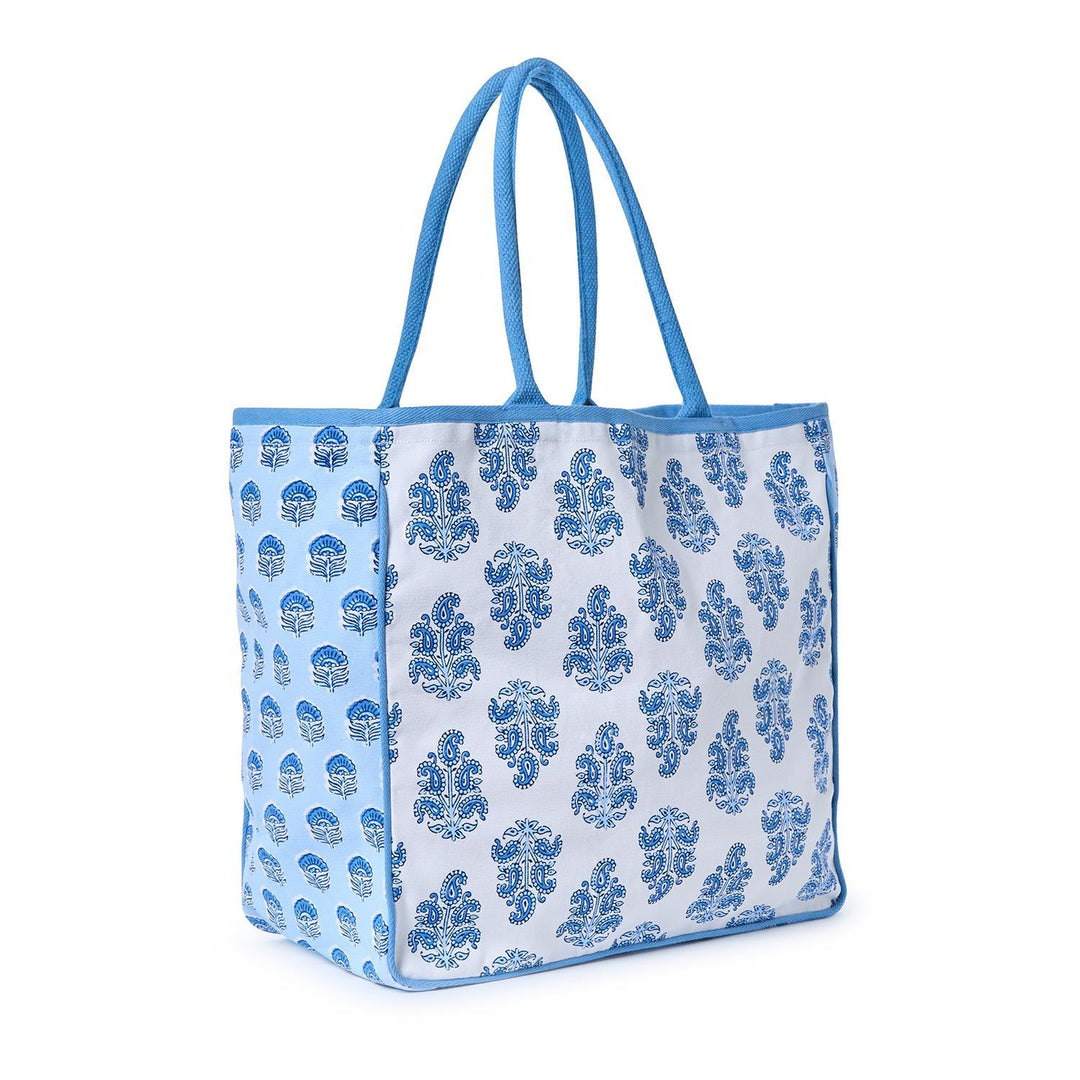 BLUE BLOCK PRINT PATTERNED TOTE BAG