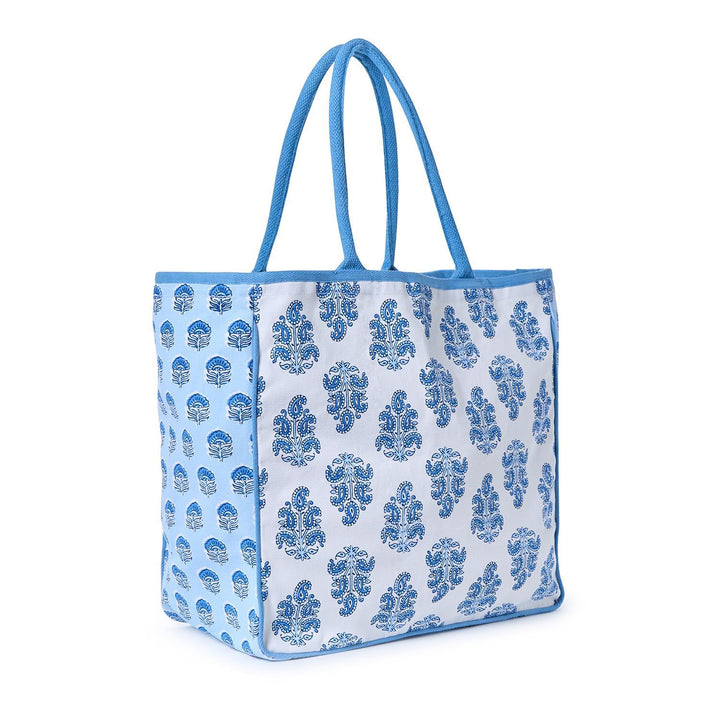 BLUE BLOCK PRINT PATTERNED TOTE BAG
