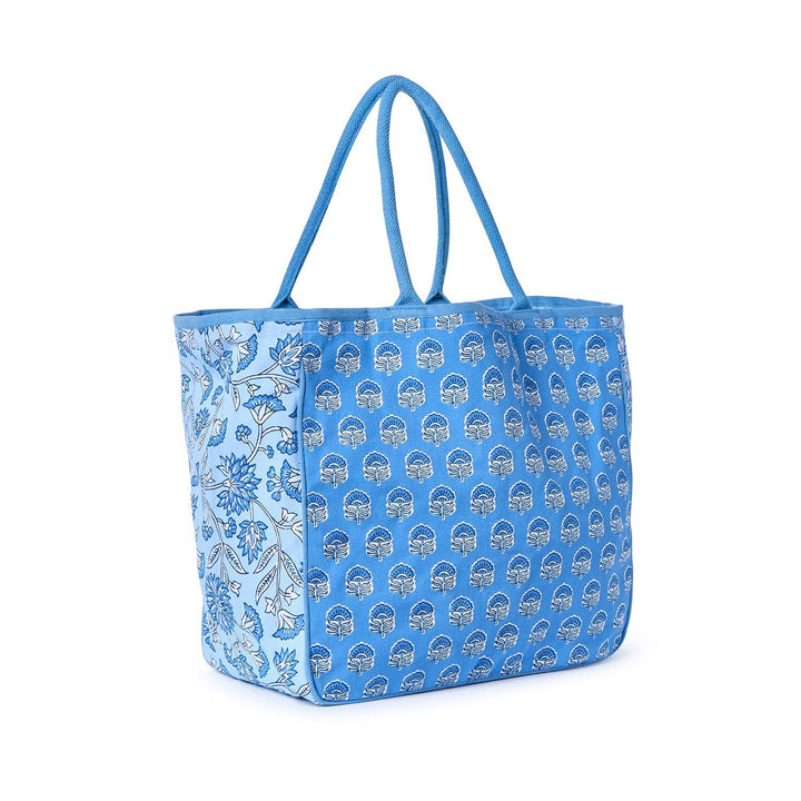BLUE BLOCK PRINT PATTERNED TOTE BAG