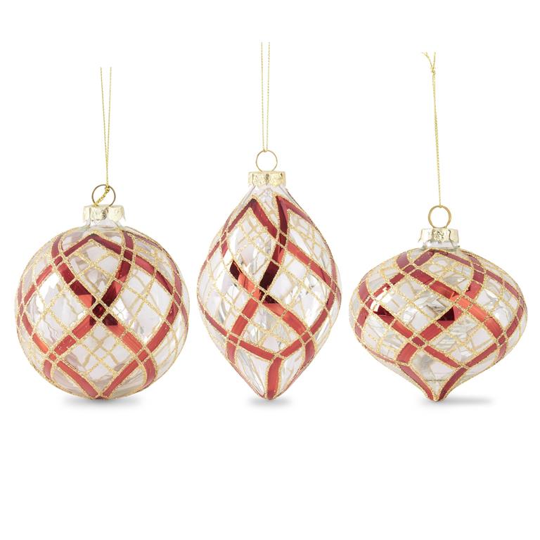 CLEAR GLASS RED GLITTER PLAID ORNAMENT