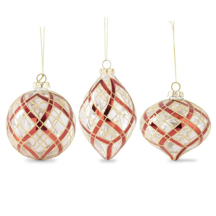 CLEAR GLASS RED GLITTER PLAID ORNAMENT