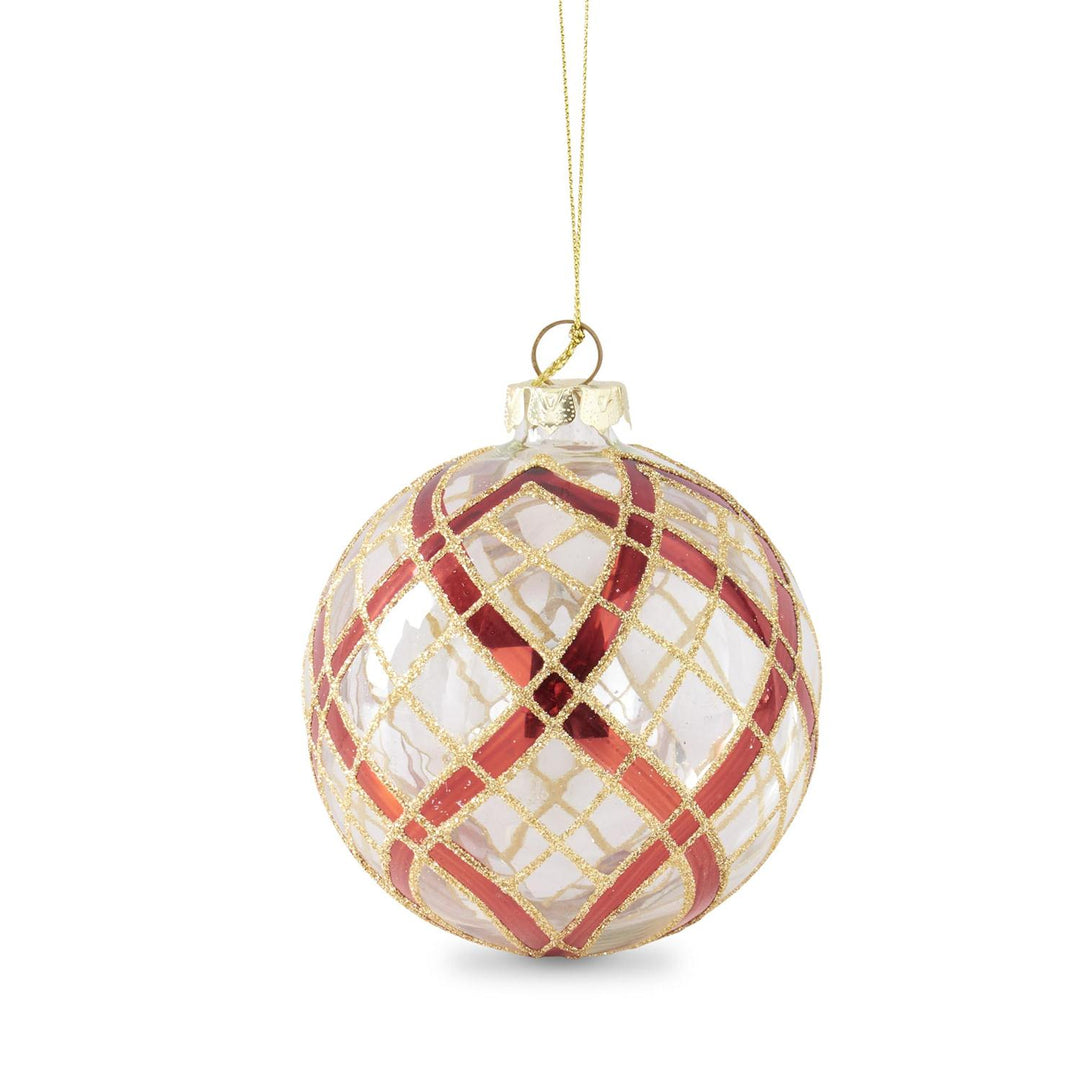 CLEAR GLASS RED GLITTER PLAID ORNAMENT