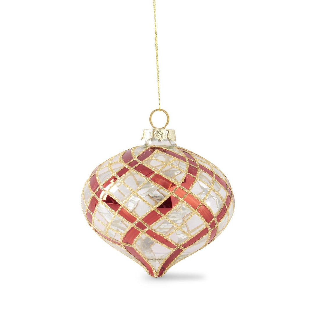 CLEAR GLASS RED GLITTER PLAID ORNAMENT
