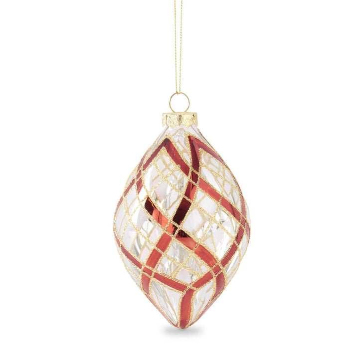 CLEAR GLASS RED GLITTER PLAID ORNAMENT