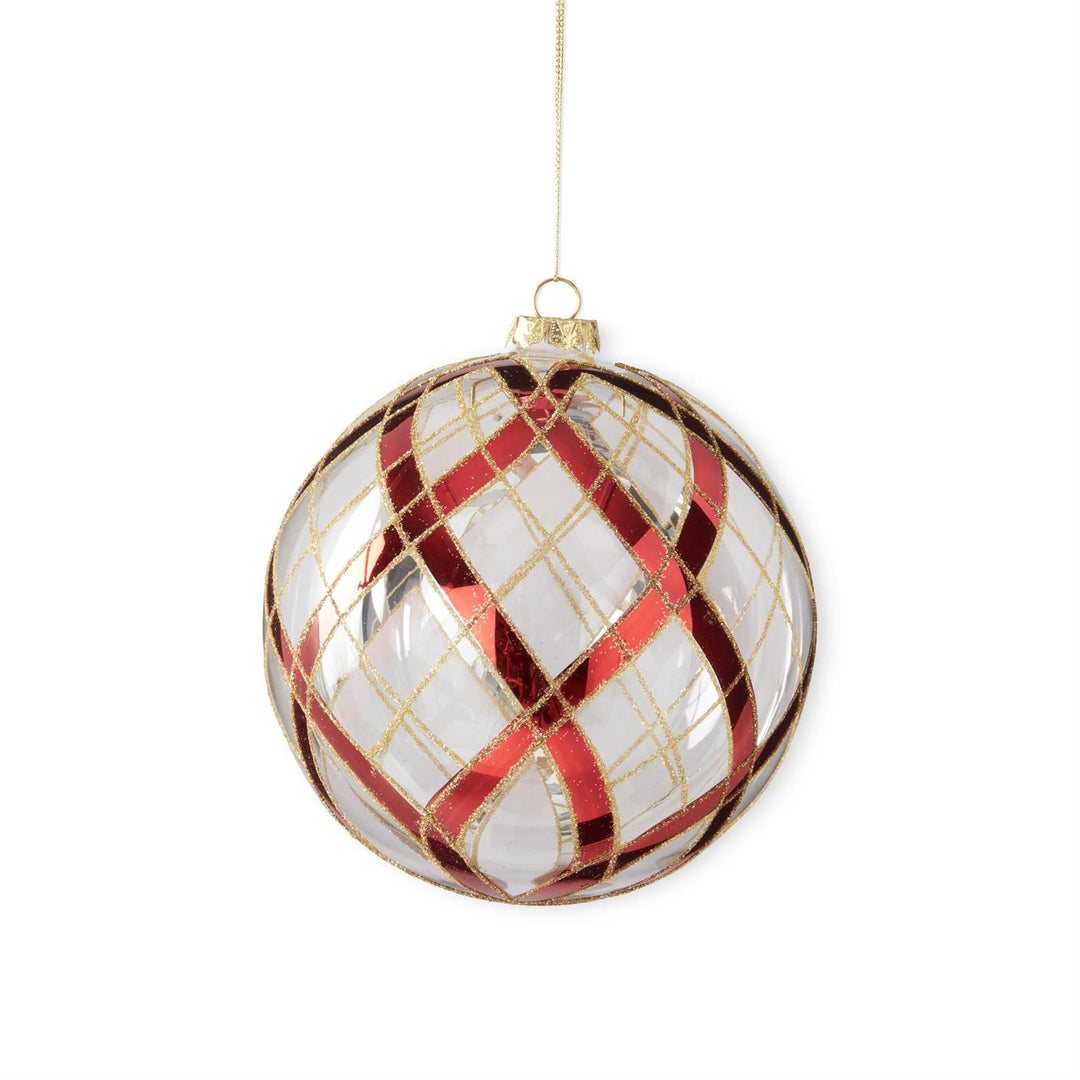 7" CLEAR GLASS RED & GOLD PLAID ROUND ORNAMENT