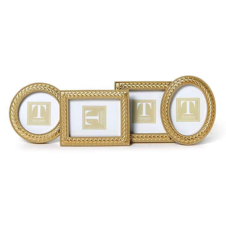 Set of gold picture frames with 'T' logo on a white background