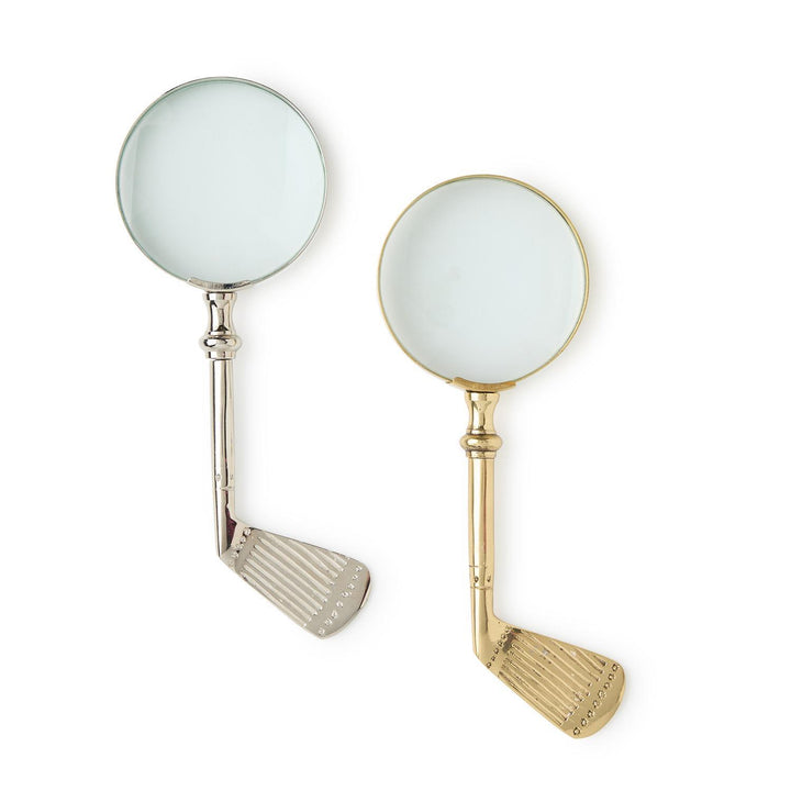 Two magnifying glasses designed to look like golf clubs on a white background