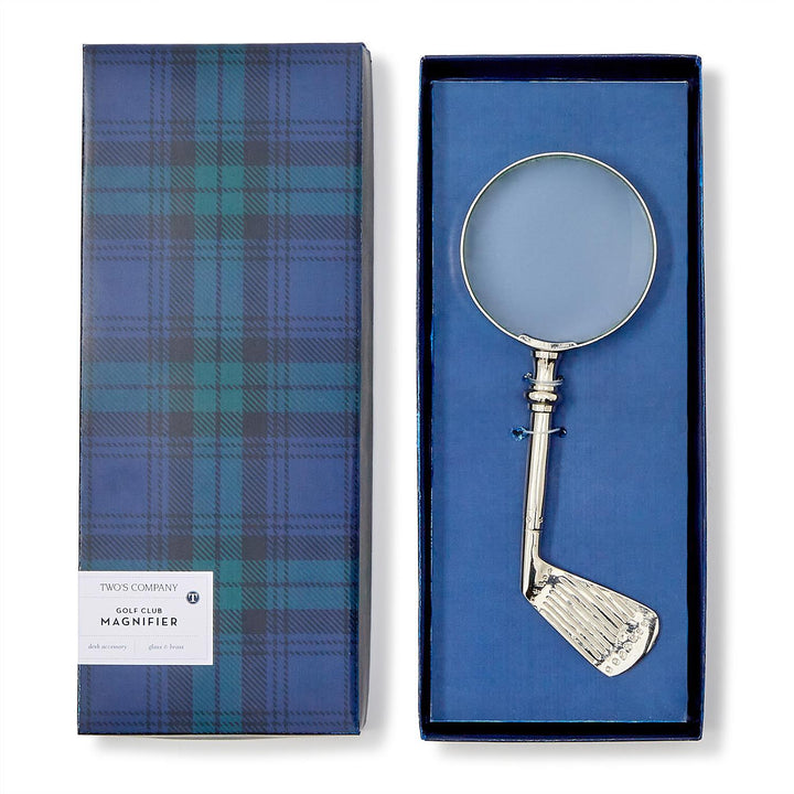 Golf club magnifier in a blue box with plaid pattern