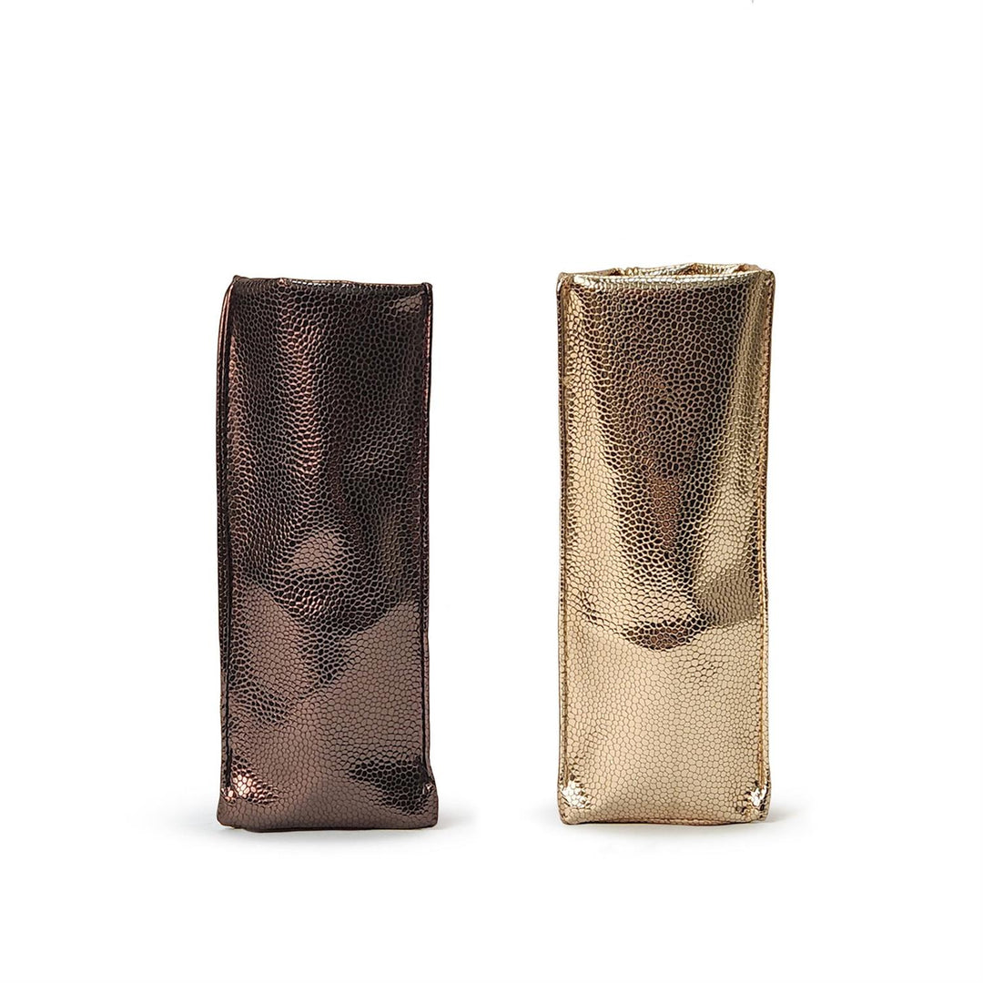 Two metallic pouches, one bronze and one gold, on a white background