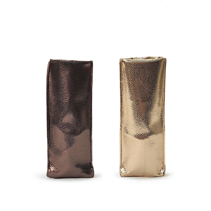 Two metallic pouches, one bronze and one gold, on a white background